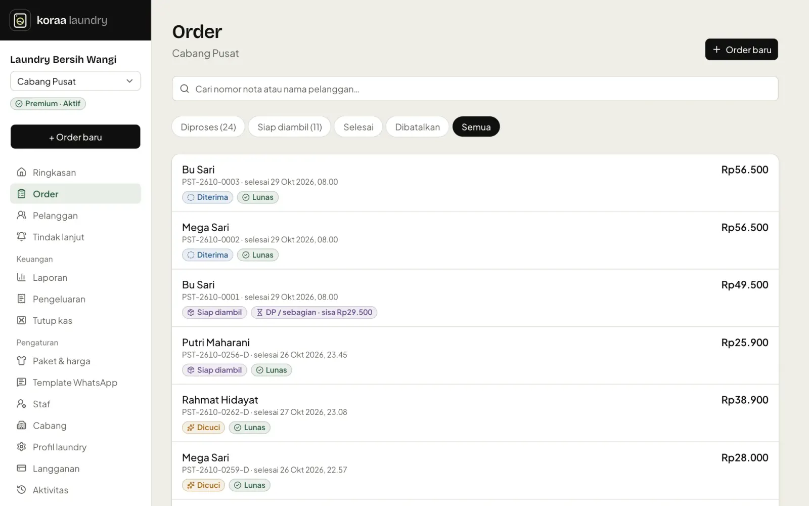 Daftar order Koraa Laundry
